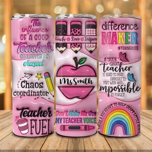 Copo fino rosa personalizado de 20 onças para professor, PNG, Ensine, ame e inspire, Copo inflável 3D para professor, Copo arco-íris fofo para professor