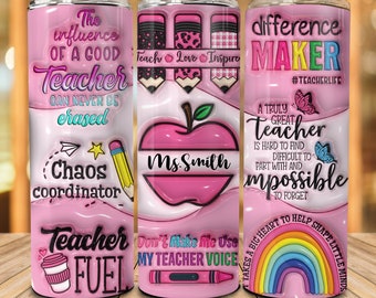 Personalized Pink Teacher 20oz Skinny Tumbler Png, Teach Love Inspire, 3D Inflated Teacher Life Tumbler Wrap, Puffy Teacher Rainbow Tumbler