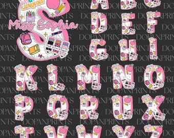 Bundle Back to School Alphabet Doodle PNG, Custom Teacher Name Shirt, First Day Of School, Teacher Appreciation, School Sublimation PNG Font