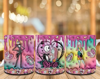 3D Inflated Couples Valentine Cartoon 11oz Mug Wrap Png, 3D Puff Candy Hearts Valentine Coffee Mug, Happy Valentine's Day 11oz Mug Wrap Png