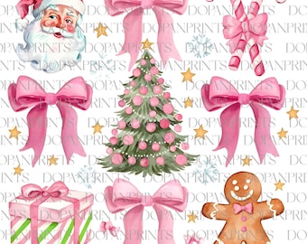 Pink Coquette Bow Png, Santa Christmas Png, Pink Christmas Coquette Bow Png, Merry Christmas, Xmas Holiday Png, Retro Christmas Sublimation