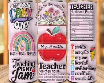 Personalized Pink Teacher 20oz Skinny Tumbler Png, Teach Love Inspire, 3D Inflated Teacher Life Tumbler Wrap, Puffy Teacher Rainbow Tumbler