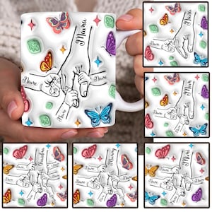 Paquete personalizado de hasta 6 niños tomados de la mano de mamá, taza de 11 oz, diseño de taza con efecto inflado 3D de mariposa de mamá, taza de café floral para el día de la madre, PNG