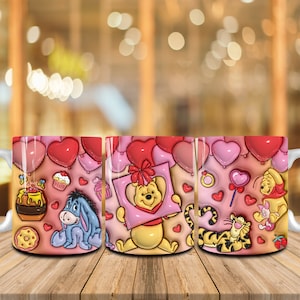 3D opgeblazen Valentine Cartoon 11oz mok wrap PNG, 3D Puff Happy Valentine Day 11oz koffiemok PNG, harten Valentine 11oz mok wrap sublimatie