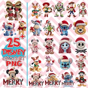 Op de afbeelding: Een verzameling van 25 Disney haakwerk PNG-afbeeldingen, met verschillende personages in kerstkleding. De afbeeldingen bevatten Mickey en Minnie Mouse, Stitch, Winnie de Poeh en anderen, allemaal versierd met kerstmutsen en feestelijke accessoires. De woorden "MERRY Christmas" zijn ook te zien.