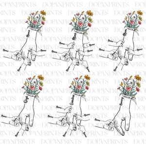 Personalizado até 6 crianças florais dia das mães segurando a mão svg png, bebê criança criança Nana mão svg, dia das mães floral svg, mamãe flor svg