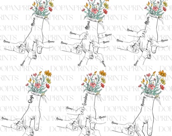 Personalized Up to 6 Kids Floral Mother's Day Holding Hand Svg Png, Baby Toddler Kid Nana Hand Svg, Mother's Day Floral Svg, Mama Flower Svg