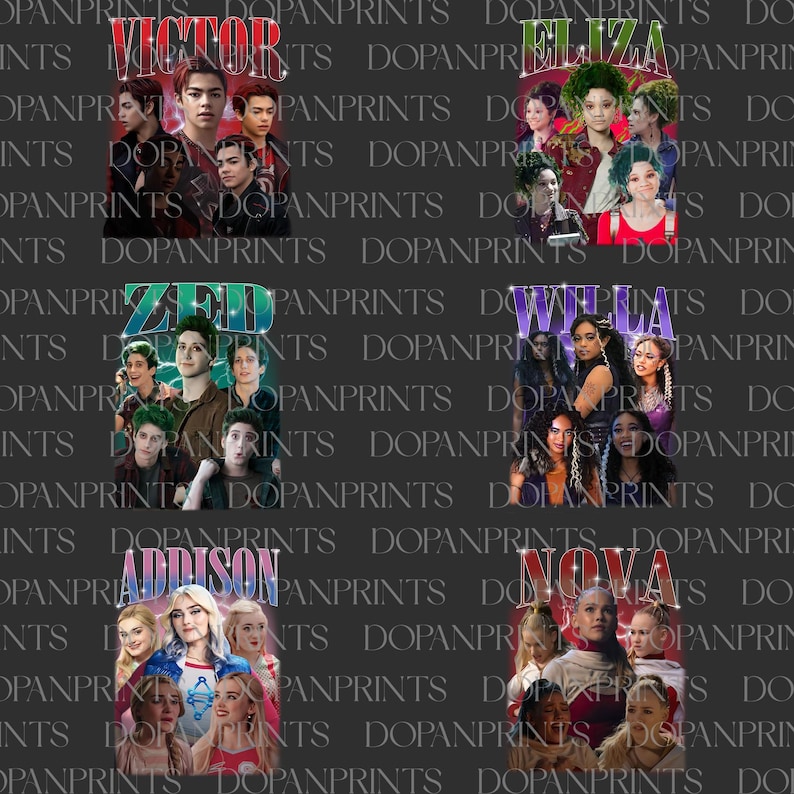 May include: A collage of images featuring characters from a movie or show, each with a name overlayed. The names "Victor", "Eliza", "Zed", "Willa", "Addison", and "Nova" are visible. The background is a repeating pattern of the text "DOPANPRINTS".