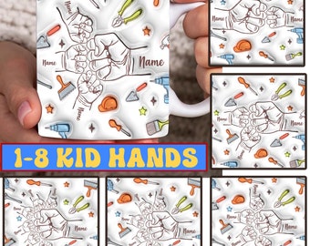 Bundle Custom Up to 8 Kids Holding Dad‘s Hand 3D Inflated Effect Mug, Baby Toddler Kid Papa Fist Bump Mug, Father's Day Fist Bump 11oz Mug