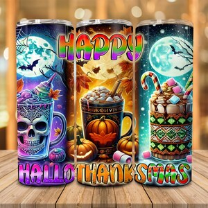 Happy Hallothanksmas Coffee 20oz Skinny Tumbler, Spooky Vibes, Fall Pumpkin Png, Thanksgiving Png, Christmas 20oz Tumbler PNG Sublimations