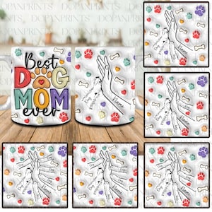 May include: Two white ceramic mugs with colorful paw prints, hearts, and bones. One mug says "Best Dog Mom Ever" in colorful letters. The other mug has a hand with a dog paw on top and says "Dog Name" in black text.