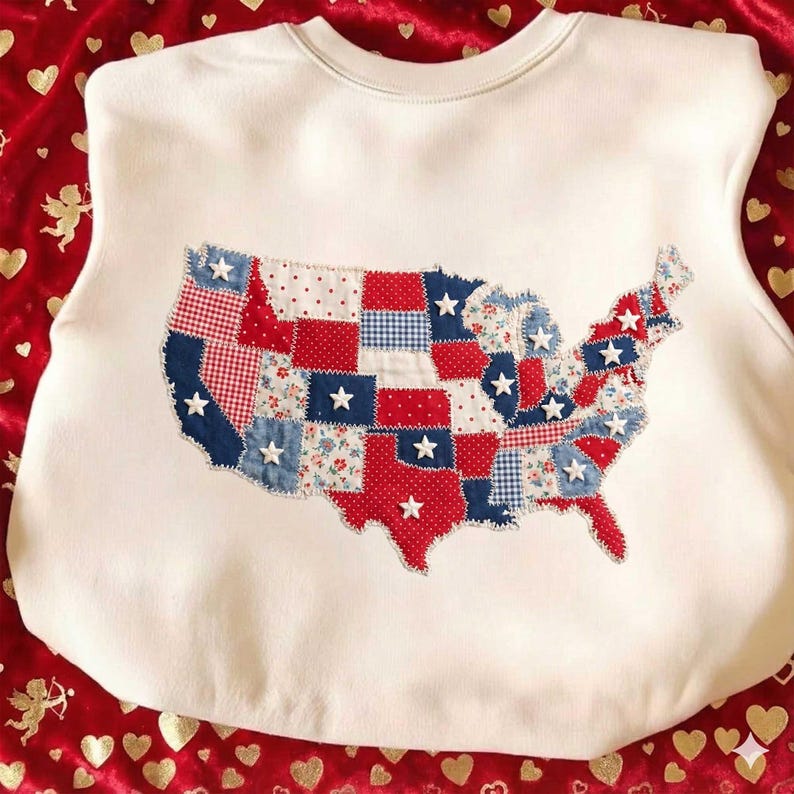 May include: A white sweatshirt featuring a patchwork design of the United States map. The map is composed of red, white, and blue fabric squares, some with star accents. The sweatshirt is a casual garment.