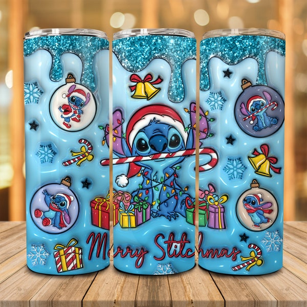 Glitter Christmas 20oz Tumbler Wrap Png, 3D Inflated Blue Christmas 20 Oz Skinny Tumbler Png, Faux Sequin Christmas Movies Tumbler Design