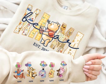 Custom Mama with Kids Name on Sleeve Design, Cartoon Mama Bear Png, Mother's Day Gift, Mama Est Png, Personalized Mom Est Sweater, New Mom