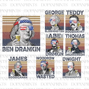 Może przedstawiać: Cyfrowa ilustracja sześciu amerykańskich prezydentów, z których każdy nosi okulary przeciwsłoneczne i czerwoną, białą i niebieską opaskę na głowie, trzymając szklankę piwa. Prezydentami są George Washington, Teddy Roosevelt, Abraham Lincoln, Thomas Jefferson, Woodrow Wilson i Dwight Eisenhower. Tekst pod każdym prezydentem to gra słów na jego imieniu, np. "Ben Drankin" dla Benjamina Franklina i "Boozedevet" dla Theodore'a Roosevelta.