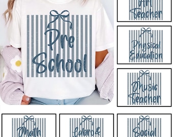 Striped Teacher Coquette PNG Bundle, Pre School Teacher PNG, Striped Teacher Aesthetic Shirt Design,Back To School Staff Sublimation Digital