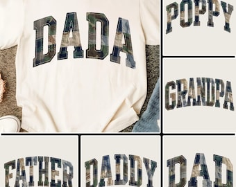 Paquete PNG de papá camuflaje, diseño de camisa a cuadros con patchwork para papá, Día del Padre camuflaje, letras universitarias de papá, abuelo y amapola para sublimación, descarga digital