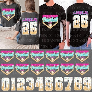 May include: A set of iron-on transfers for t-shirts featuring a baseball theme with a waffle cone and sprinkles design. The set includes numbers 0-9 and the words "Baseball" and "Lorelai" with the number 25.