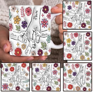 Personalized Holding Mom‘s Hand 3D Inflated Effect Mug Design, Mother&#39;s Day Floral Mug, Holding Grandma&#39;s Hand, Mama Floral Coffee Mug Png