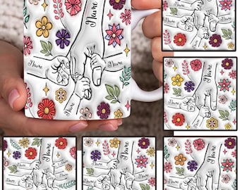 Personalizado hasta 6 niños sosteniendo la mano de mamá envoltura de taza inflada 3D, plantilla de taza de mamá de 11 oz, taza floral de mamá de 11 oz png, tazas de café del día de las madres png