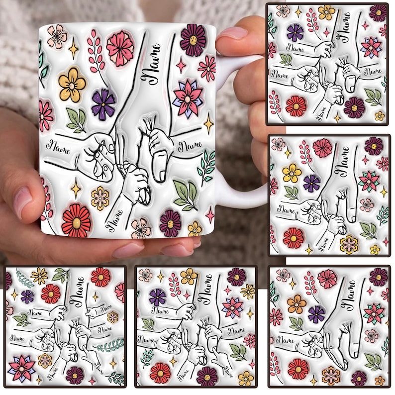 Op de afbeelding: Witte keramische mok met een bloemenpatroon en een zwarte omtrek van drie handen die elkaar vasthouden. De tekst "Name" wordt herhaald in het hele ontwerp.