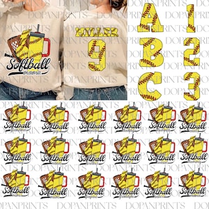 Bundle Custom Softball Mama Png, Lightning Bolt Png, Softball Mom Png, Mama Game Day Png, Gift For Player, Softball Number And Alphabet Png