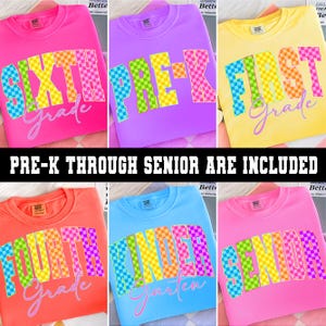 Neon Checkered Back to School PNG Bundle, Teacher First Day of School, Neon Distressed, Coquette 1st 2nd 3rd Grade Png, Hand Drawn, colorful