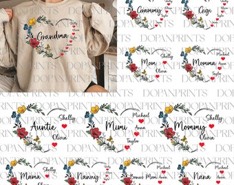 Bundle personnalisé coeur de grand-mère et nom d'enfant Png, jardin de maman Png, joyeuse fête des mères, fleurs de maman Png, coeur personnalisé Png, cadeau pour grand-mère