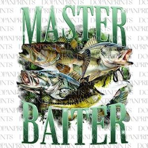 Könnte beinhalten: Ein grüner Aquarellhintergrund mit den Worten "Master Baiter" in weißem Text. Vier Barsche sind über dem Text übereinander gelegt, wobei die Fische in verschiedene Richtungen zeigen. Die Fische sind eine realistische Darstellung von Barschen mit braunen, grünen und gelben Schuppen.