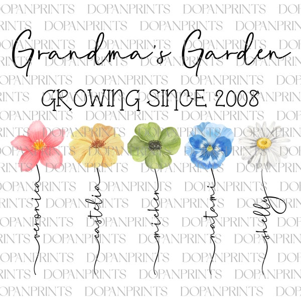 Le jardin de grand-mère grandit depuis le jardin, année et nom personnalisés au format png, fête des mères png, aquarelle de fleurs, cadeau pour maman, cadeau maman png, impression numérique