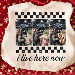 Pode incluir: Camisola creme com um gráfico de um guaxinim usando óculos de sol e boné de beisebol, apreciando boba, pipoca e um cachorro-quente. O texto "i live here now" é impresso abaixo, com um padrão xadrez preto e branco acima e abaixo.