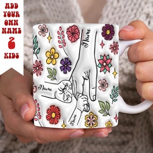 Taza de mano floral para el día de la madre y 2 niños, diseño de taza con efecto inflado 3D personalizado con la mano de mamá, taza de café con la mano de mamá