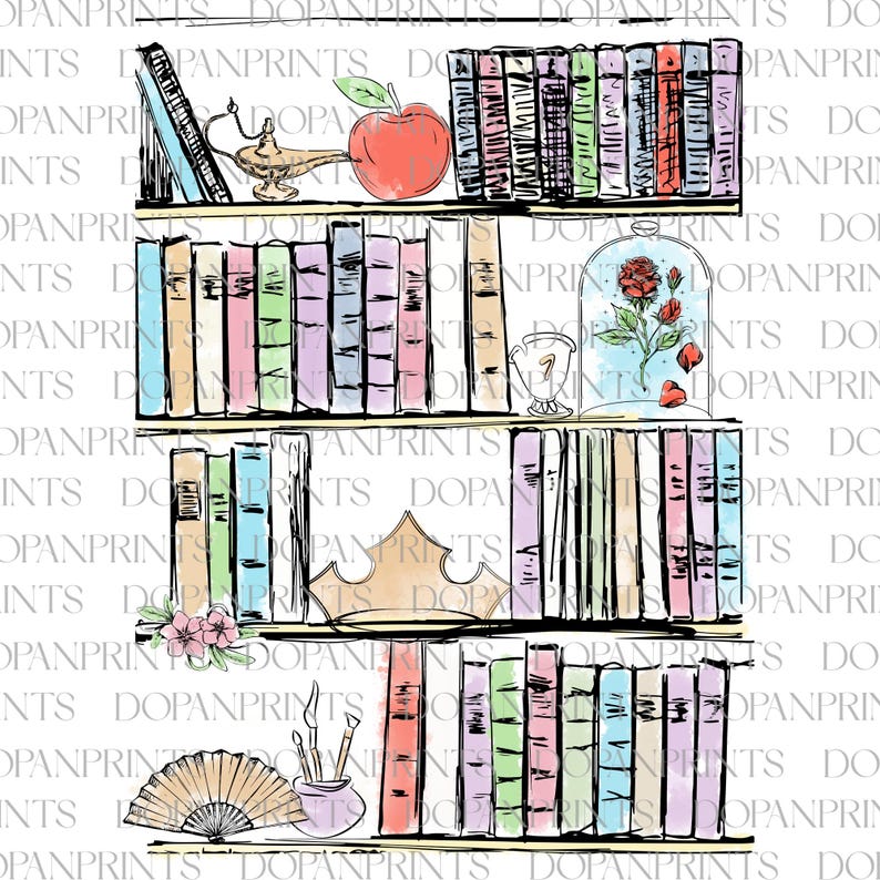 Puede incluir: Una ilustraci&oacute;n de acuarela de una estanter&iacute;a con cinco estantes. Cada estante est&aacute; lleno de libros coloridos. El estante superior tiene una l&aacute;mpara m&aacute;gica y una manzana roja. El segundo estante tiene una c&uacute;pula de vidrio con una rosa roja dentro. El tercer estante tiene una corona dorada. El cuarto estante tiene una flor rosa y un abanico blanco. El estante inferior tiene un frasco con pinceles.