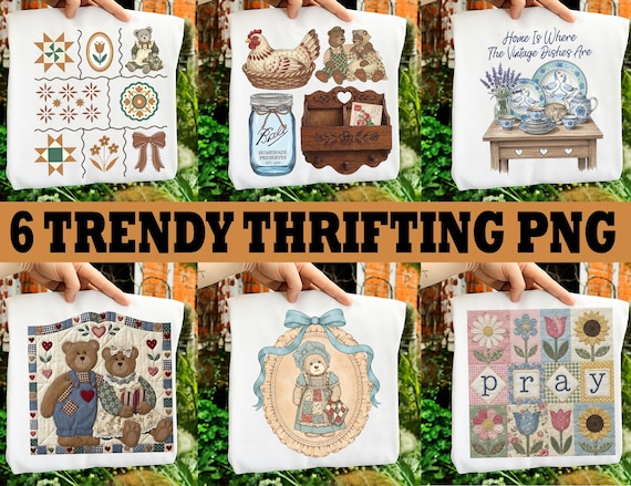 Vintage Thrifted Png Bundle, Grandma Core PNG, Hen in Nest Png, Cottagecore PNG, Granny sweater Design, Thrifted Decor Png Digital Download