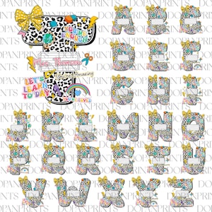 Puede incluir: Un conjunto de letras del alfabeto decorativas con un estampado de leopardo, lazos y gr&aacute;ficos escolares. Cada letra tiene espacio para personalizaci&oacute;n. La imagen incluye el texto "Mrs. Thomson", "Let's Learn Today" y "You're Amazing".