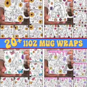 Op de afbeelding: 20+ 11oz mokbeschermers met verschillende ontwerpen met handafdrukken, bloemen, vlinders en het woord "Mama".