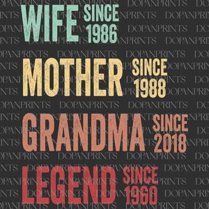 Mamma nonna personalizzata Svg Png, Festa della mamma Svg, Maglietta con date personalizzate per la nonna, Divertente regalo di compleanno per la mamma, Moglie madre nonna leggenda Svg