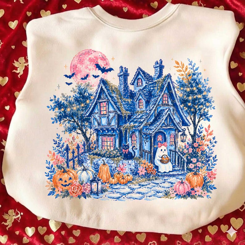 Casa stregata retrò PNG, Fantasma femminile Halloween PNG, Dolcetto o scherzetto, Stagione spettrale PNG, Design maglietta zucca, Floreale autunnale di tendenza PNG digitale immagine 2