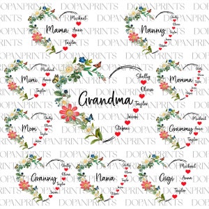 Pacote personalizado de corações de avó e nomes de crianças em PNG, Feliz Dia das Mães, Mama Garden em PNG, Coração personalizado em PNG, Mãe floral em PNG, Presente para avó
