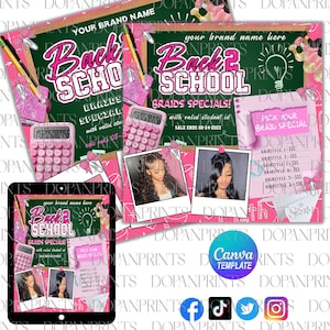 Folheto de tranças de volta às aulas, Folheto de cabelo escolar de volta 2, Reserve agora para agosto, Folheto de cabelo, Design de modelo de folheto, Peruca de cabelo, Folheto de mídia social