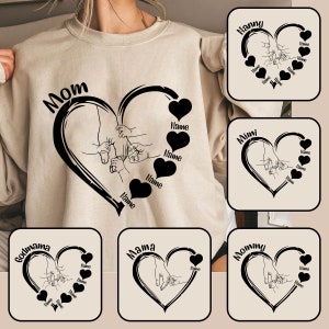 Pacote personalizado de camiseta com coração de mãe e nome de criança, SVG de mão de mãe, SVG de dia das mães, SVG de coração de mãe e filho, amor de avó, presente para avó