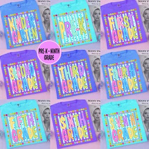 May include: A collection of nine t-shirts in blue, teal, and purple, each featuring a central graphic with vertical stripes, a dotted border, and text ranging from Kindergarten to Seventh Grade in colorful, bold, block-style lettering.