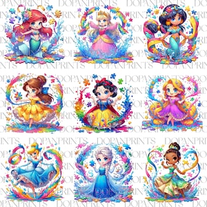 Bundle Cartoon Autism Puzzle Watercolor Splash Png, Princess Autism Png, Autism Awareness Png, 2nd April Png, Neurodiversity, Autism Support