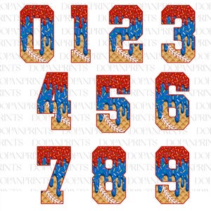 May include: A set of ten number designs, each featuring a unique combination of colors and textures. The numbers 0 through 9 are decorated with red sprinkles, blue drizzles, and a waffle-like base with baseball stitching. The design is playful and eye-catching.