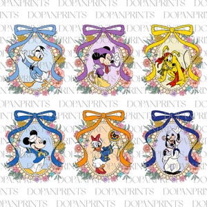 Trendy Cartoon Magical Mirror Bow Bundle, Mouse and Friends Heart Mirror With Coquette Bow Png, Boy Girl Birthday Png, Characters Baby Girl