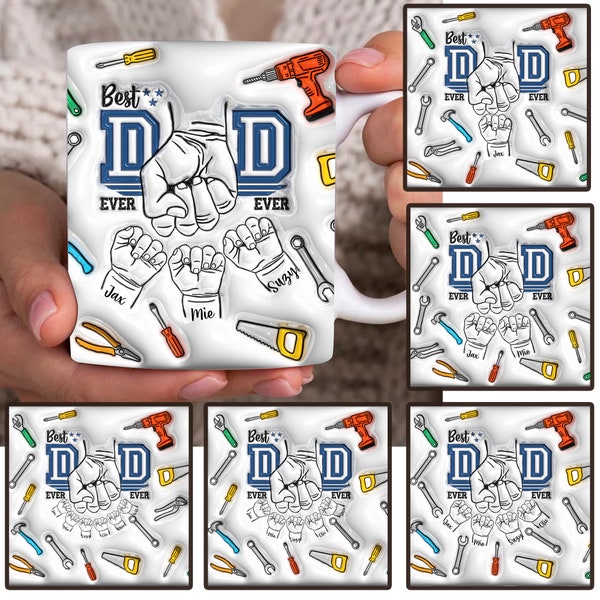 Paquete de taza personalizada de 11 oz con el mejor papá de todos los tiempos, hasta 6 niños sosteniendo la taza con efecto inflado 3D de la mano de papá, taza de café del día del padre, golpe de puño con la mano de papá Png