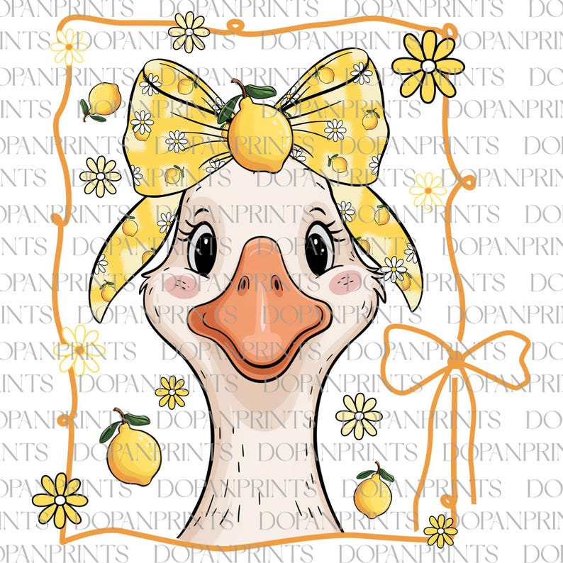 May include: A cartoon duck with a yellow and white bow with lemons and daisies on it. The duck has a white body, orange beak, and black eyes. The background is white with a yellow frame.