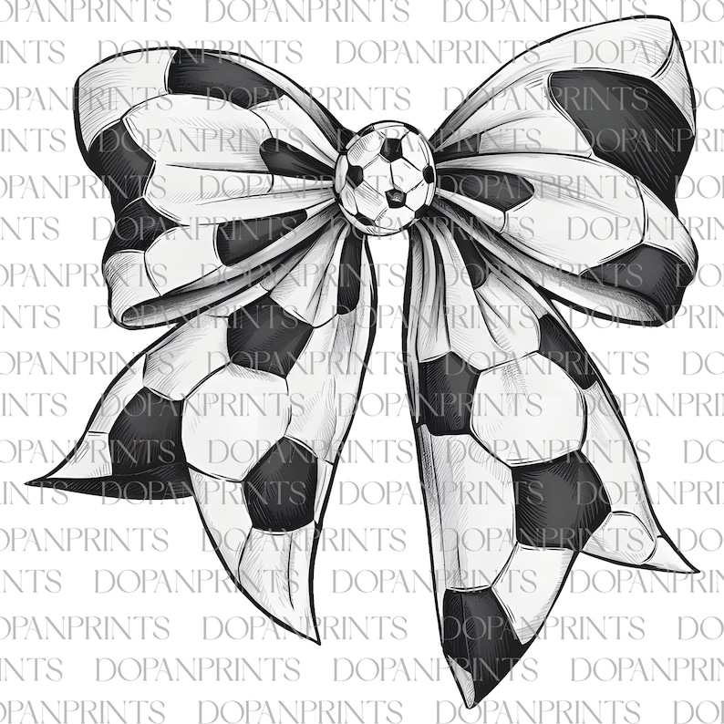 May include: A black and white bow with a football design. The bow is tied in a knot and the ends are curled.