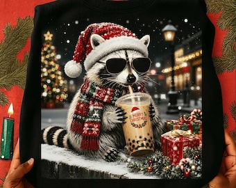 Christmas Raccoon PNG, Cute Raccoon Drinking Iced Coffee, Merry Christmas Png, Holiday Feral Christmas Shirt Design, Winter Digital Download