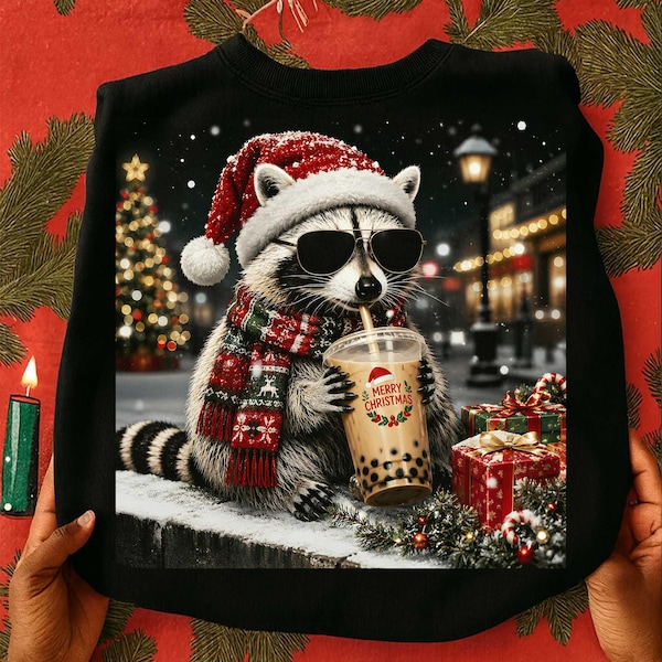 Christmas Raccoon PNG, Cute Raccoon Drinking Iced Coffee, Merry Christmas Png, Holiday Feral Christmas Shirt Design, Winter Digital Download